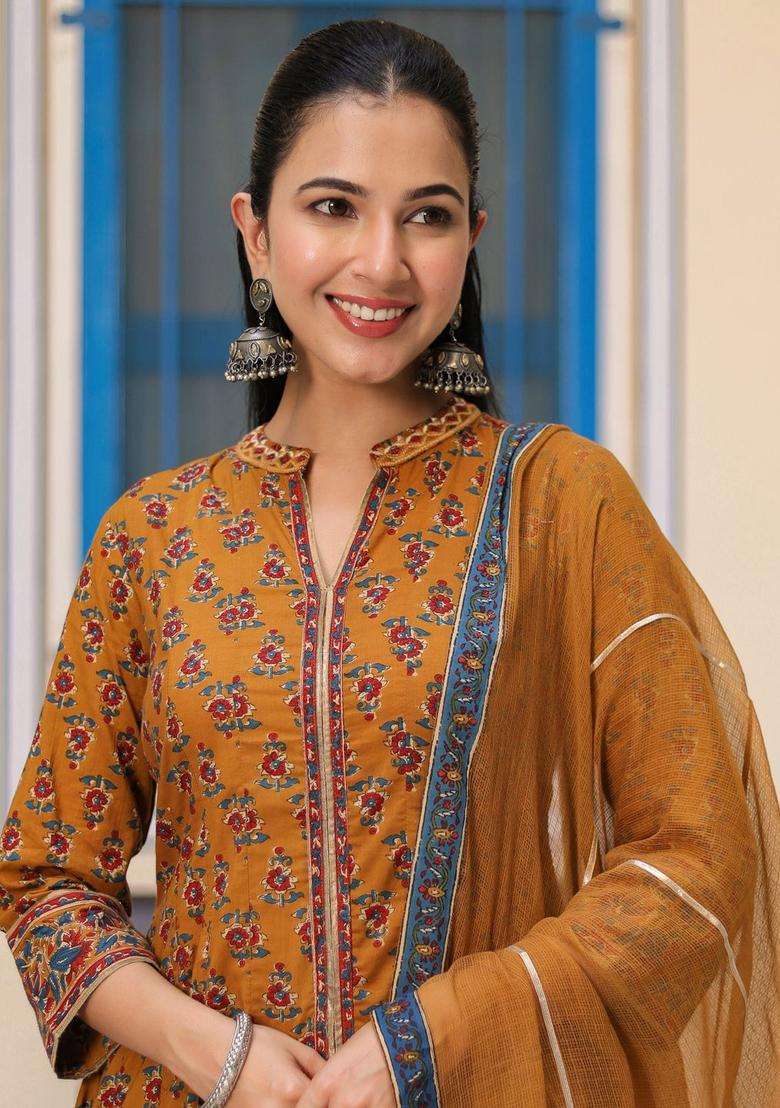 Mustard Printed Cotton Anarkali Set - Indya