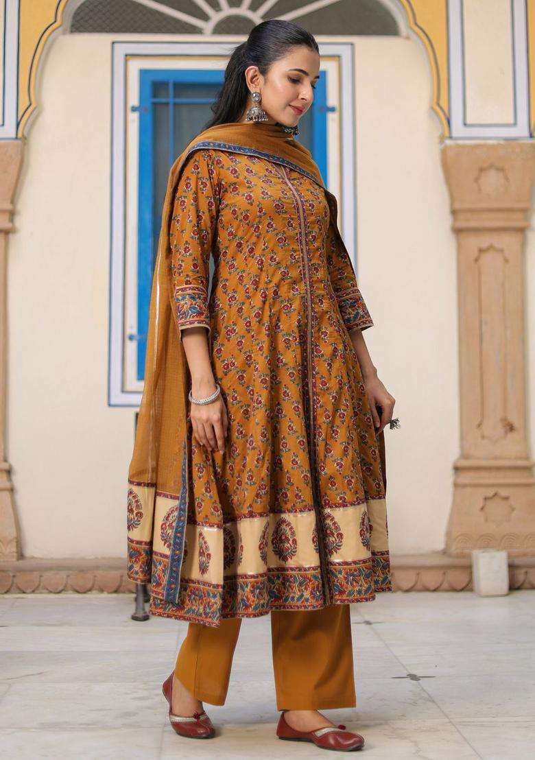 Mustard Printed Cotton Anarkali Set - Indya