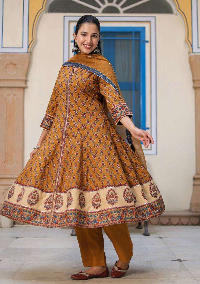 Mustard Printed Cotton Anarkali Set - Indya