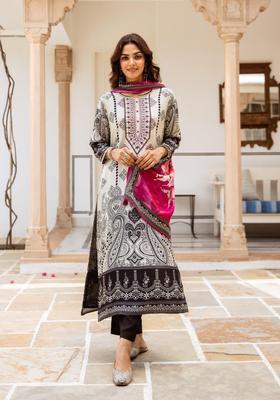 White Printed Silk Blend Kurta Set