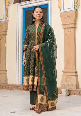 Green Printed Cotton Anarkali Set