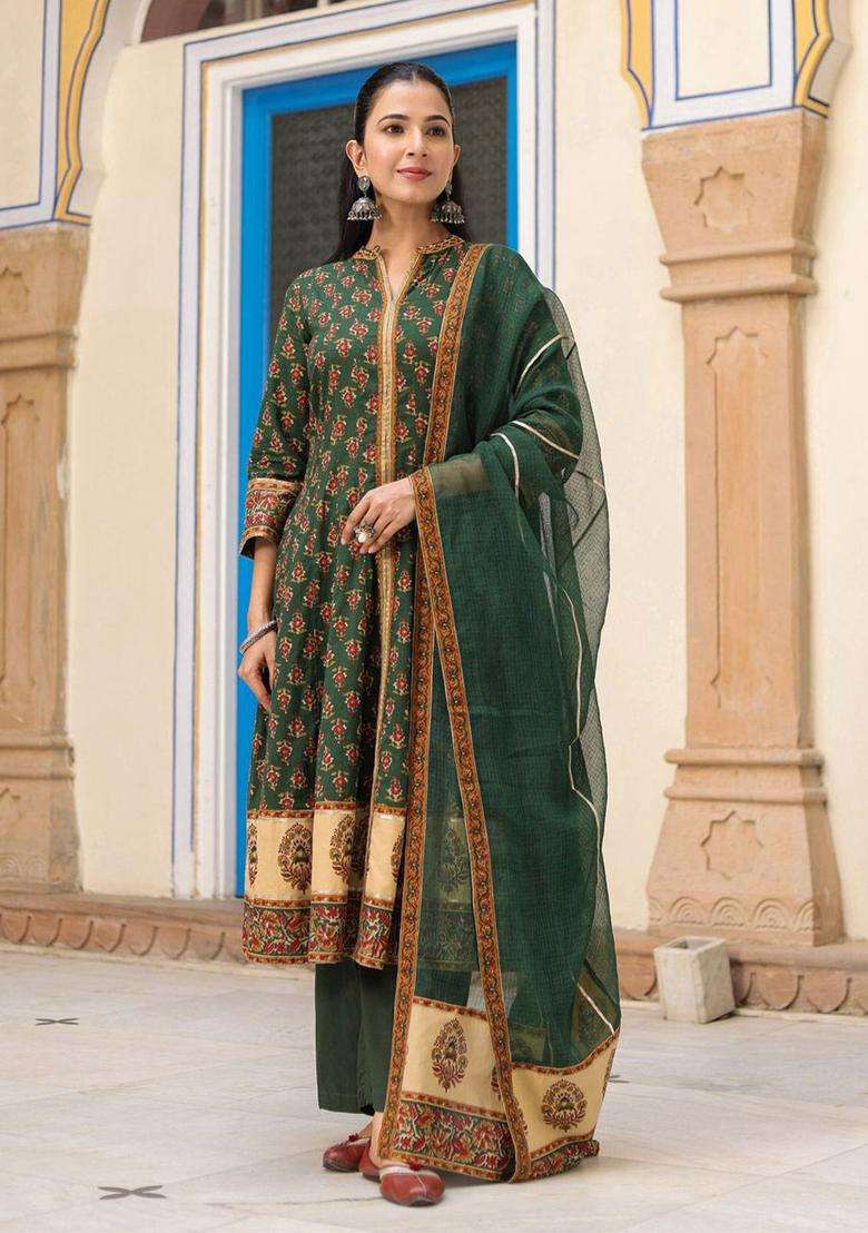 Green Printed Cotton Anarkali Set - Indya