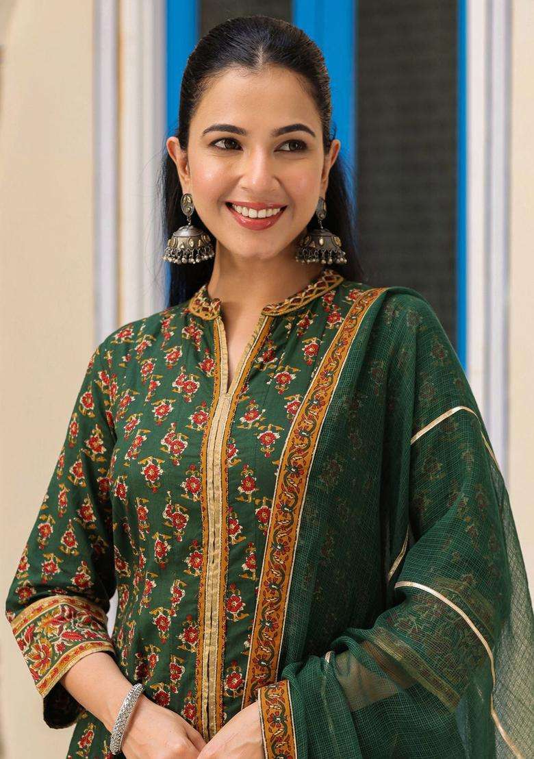 Green Printed Cotton Anarkali Set - Indya