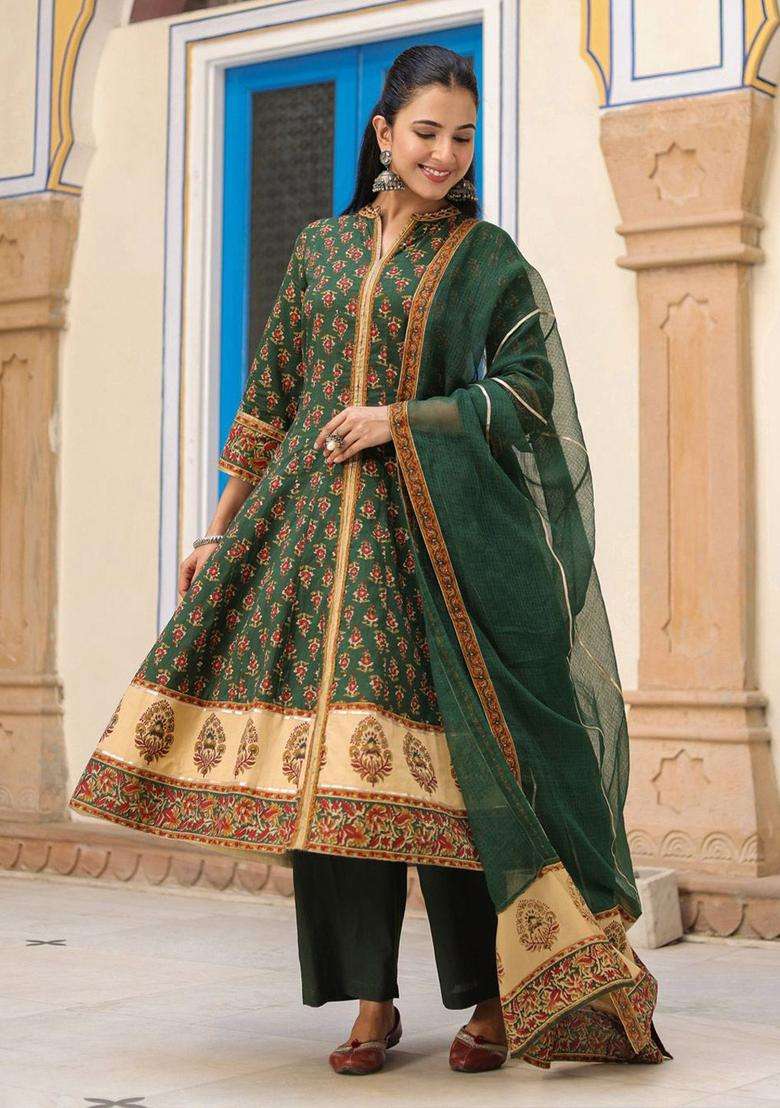 Green Printed Cotton Anarkali Set - Indya