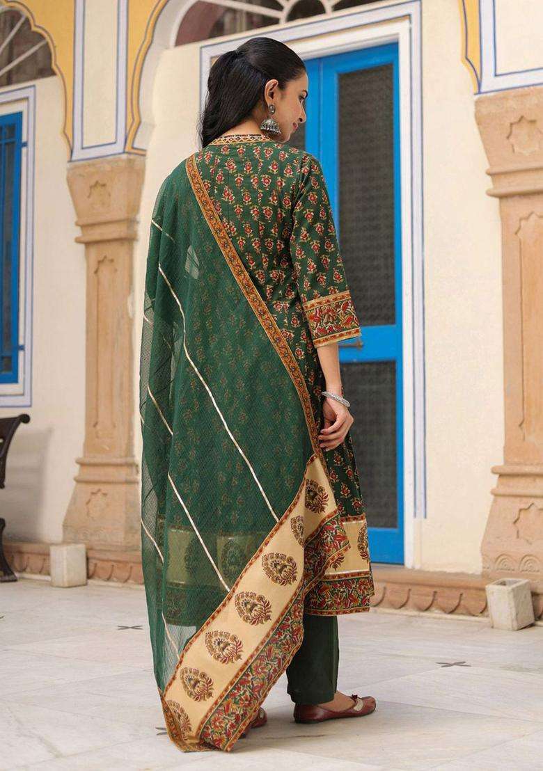 Green Printed Cotton Anarkali Set - Indya