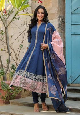 Navy Blue Printed Cotton Anarkali Set