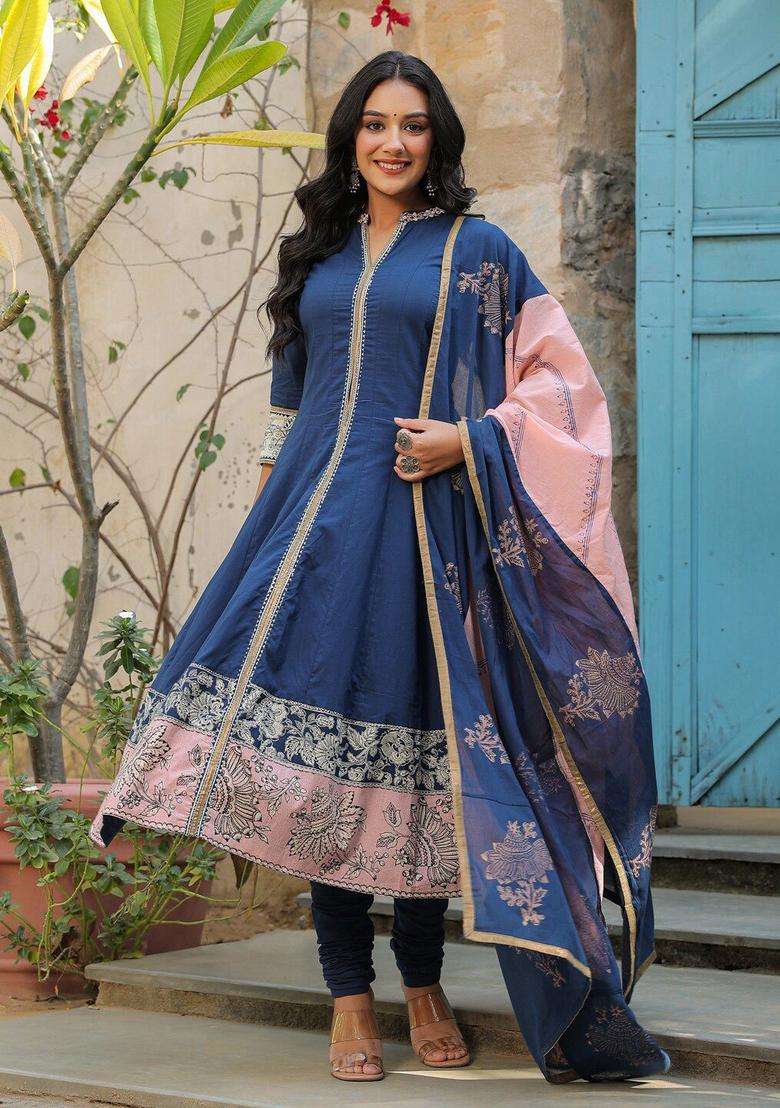 Navy Blue Printed Cotton Anarkali Set - Indya