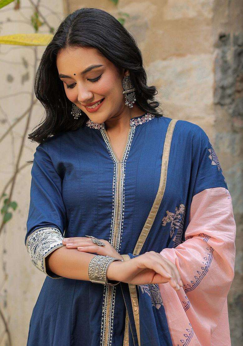 Navy Blue Printed Cotton Anarkali Set - Indya