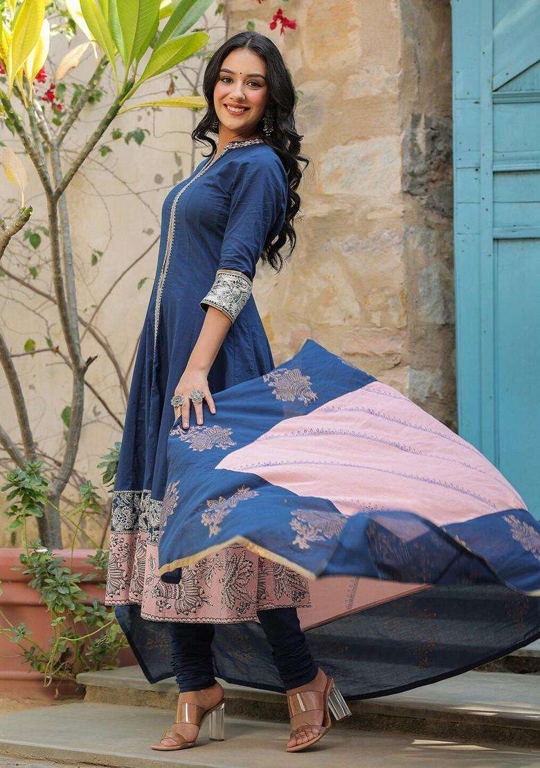 Navy Blue Printed Cotton Anarkali Set - Indya