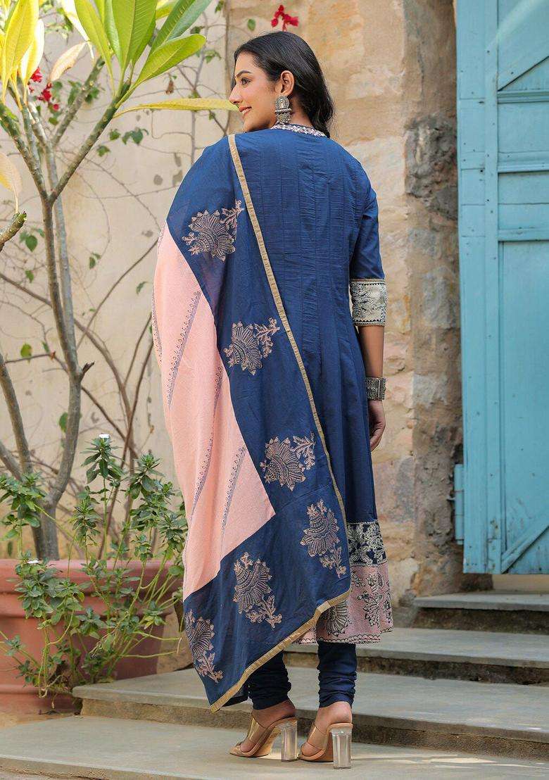 Navy Blue Printed Cotton Anarkali Set - Indya