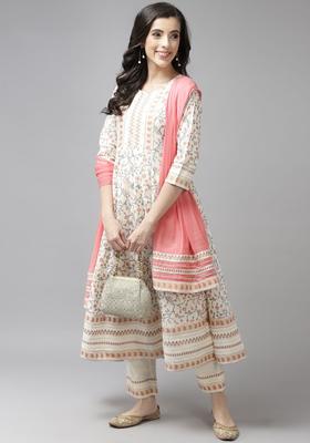 Cream Printed Cotton Kurta Set