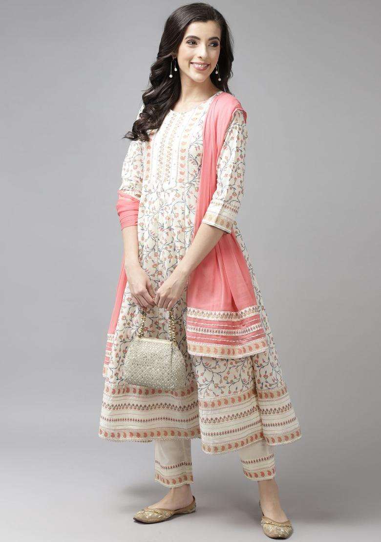Cream Printed Cotton Kurta Set - Indya