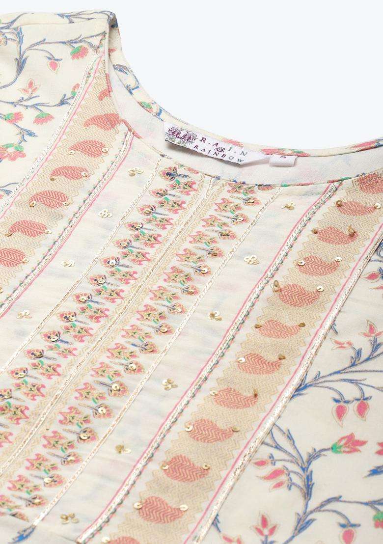 Cream Printed Cotton Kurta Set - Indya