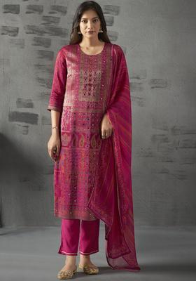 Pink Woven Design Silk Blend Kurta Set