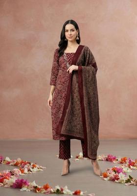 Burgundy Printed Cotton Kurta Set