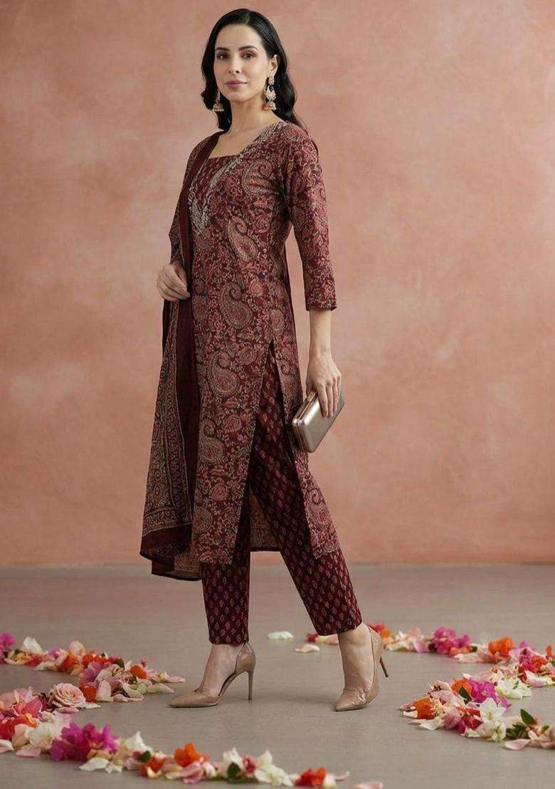 Burgundy Printed Cotton Kurta Set - Indya