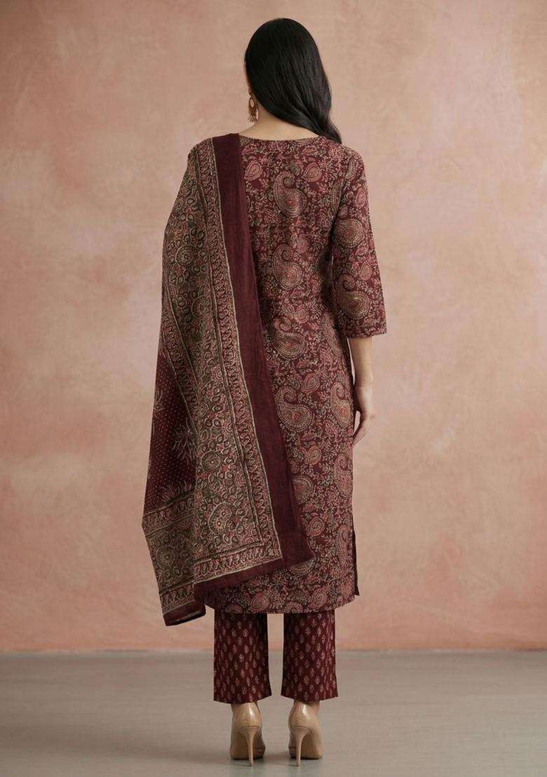 Burgundy Printed Cotton Kurta Set - Indya