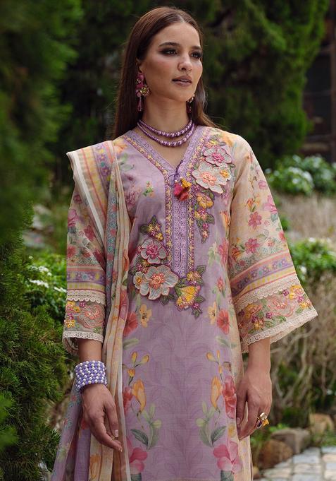 Lavender Embroidered Linen Kurta Set — view on Indya