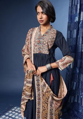 Navy Blue Printed Polyester Kurta Set