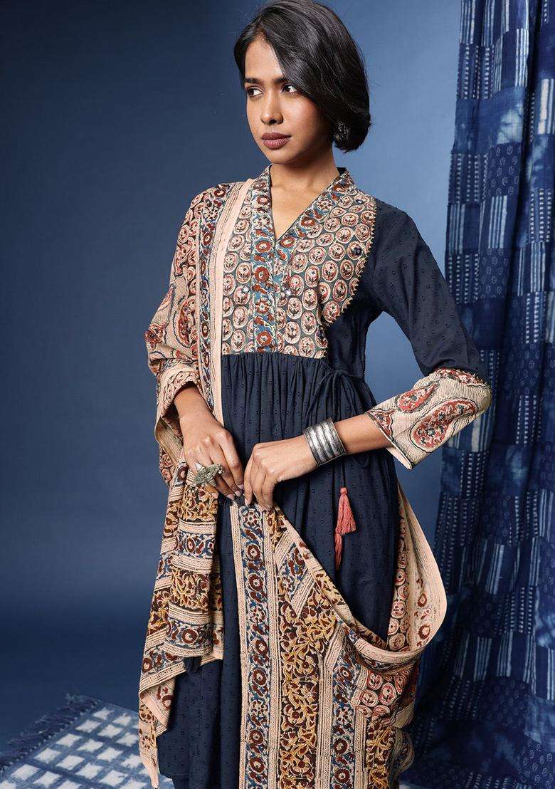 Navy Blue Printed Polyester Kurta Set - Indya