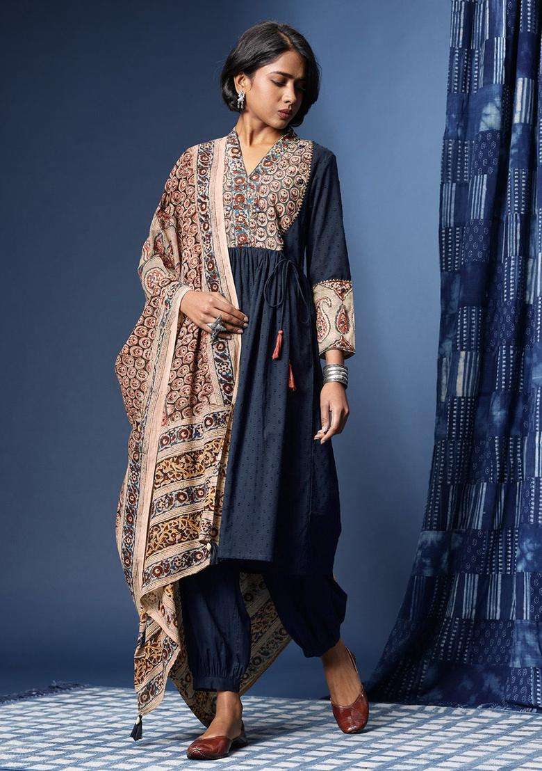 Navy Blue Printed Polyester Kurta Set - Indya