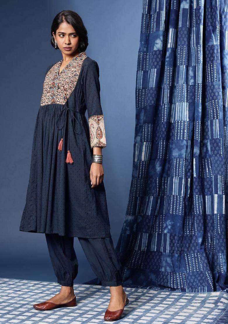 Navy Blue Printed Polyester Kurta Set - Indya