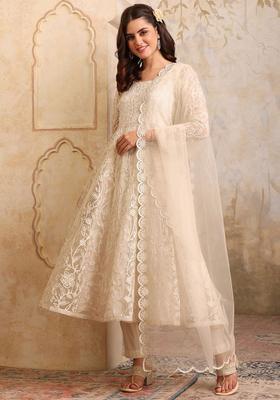 Off White Embroidered Net Anarkali Set