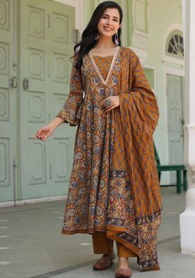 Mustard Printed Cotton Kurta Set