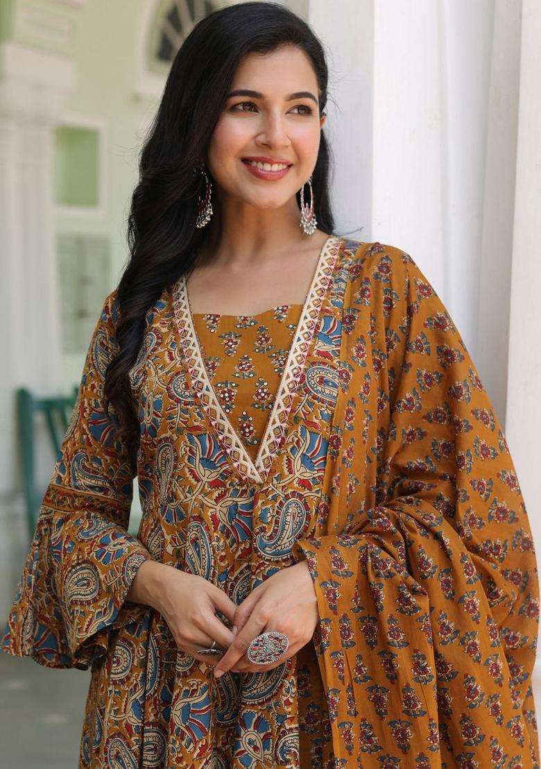Mustard Printed Cotton Kurta Set - Indya