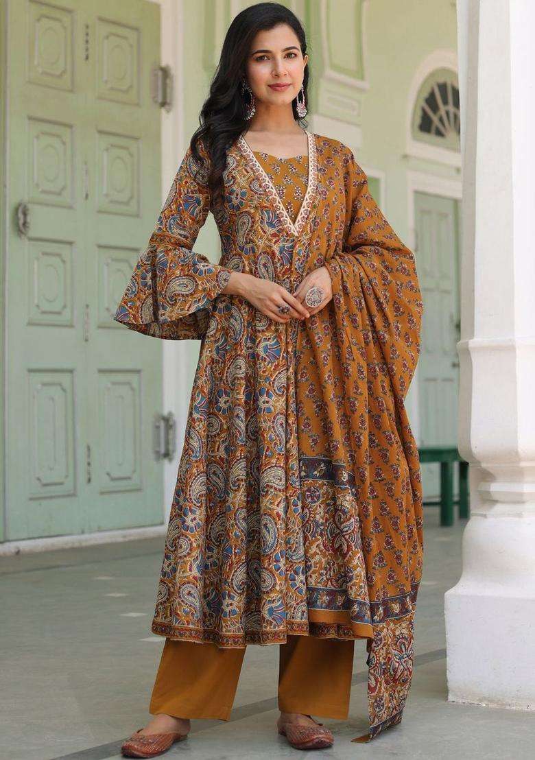 Mustard Printed Cotton Kurta Set - Indya