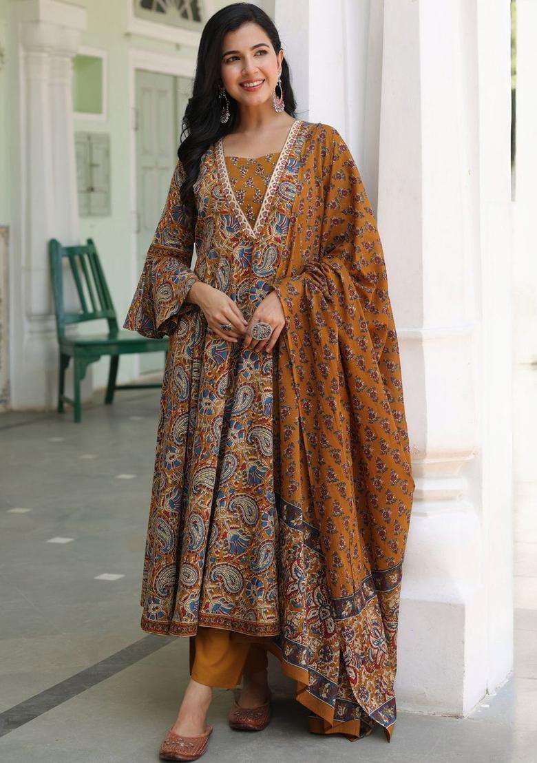 Mustard Printed Cotton Kurta Set - Indya