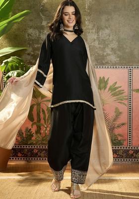 Black Solid Silk Blend Kurta Set
