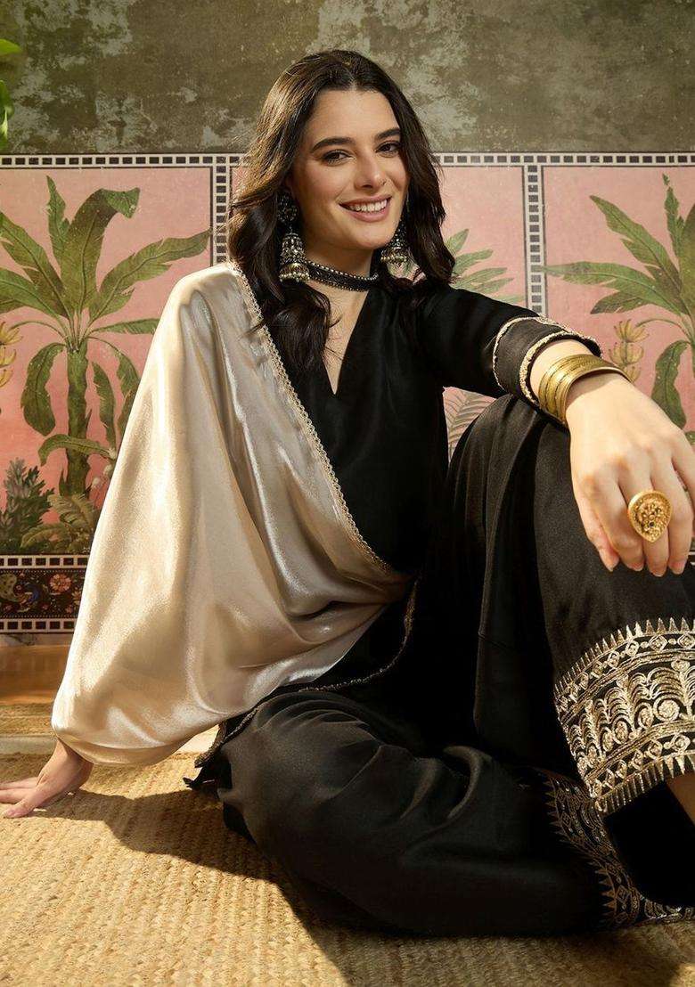 Black Solid Silk Blend Kurta Set - Indya