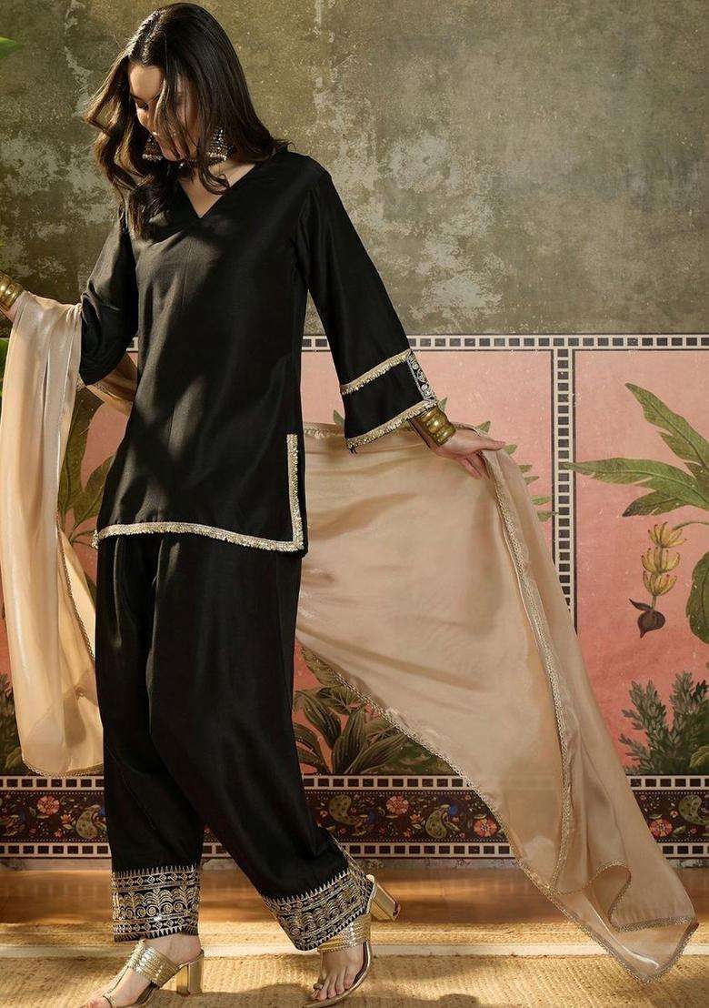 Black Solid Silk Blend Kurta Set - Indya
