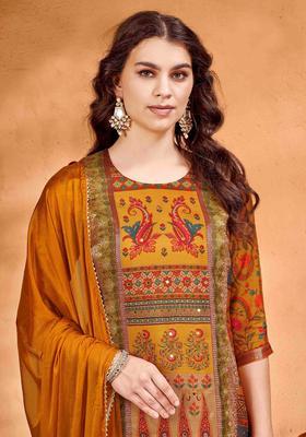 Mustard Printed Silk Blend Kurta Set