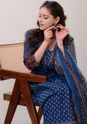 Blue Printed Viscose Kurta Set