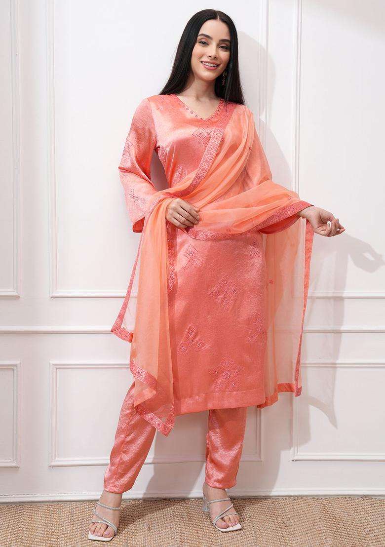 Coral Embroidered Polyester Kurta Set - Indya