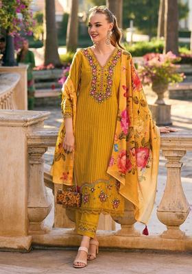 Yellow Striped Cotton Kurta Set