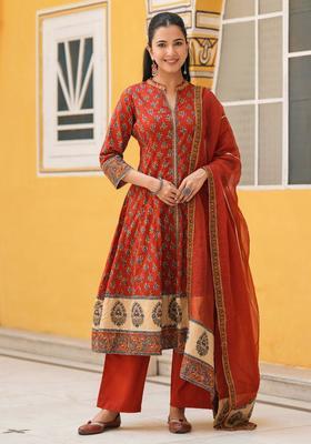 Red Printed Cotton Anarkali Set