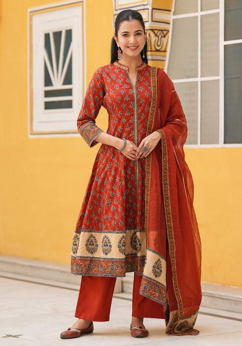 Red Printed Cotton Anarkali Set — view on Indya