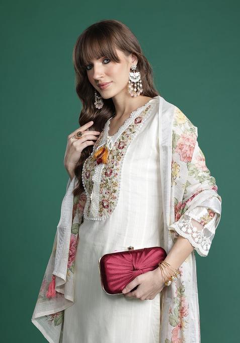 White Embroidered Linen Kurta Set — view on Indya