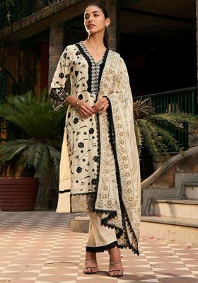 Off White Embroidered Cotton Kurta Set