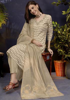 Beige Embroidered Silk Kurta Set