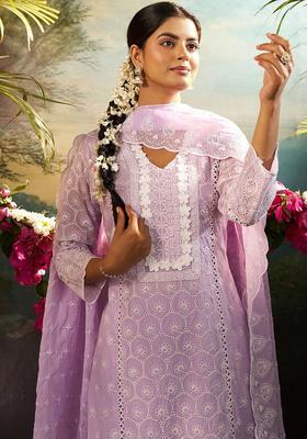 Lavender Embroidered Cotton Kurta Set