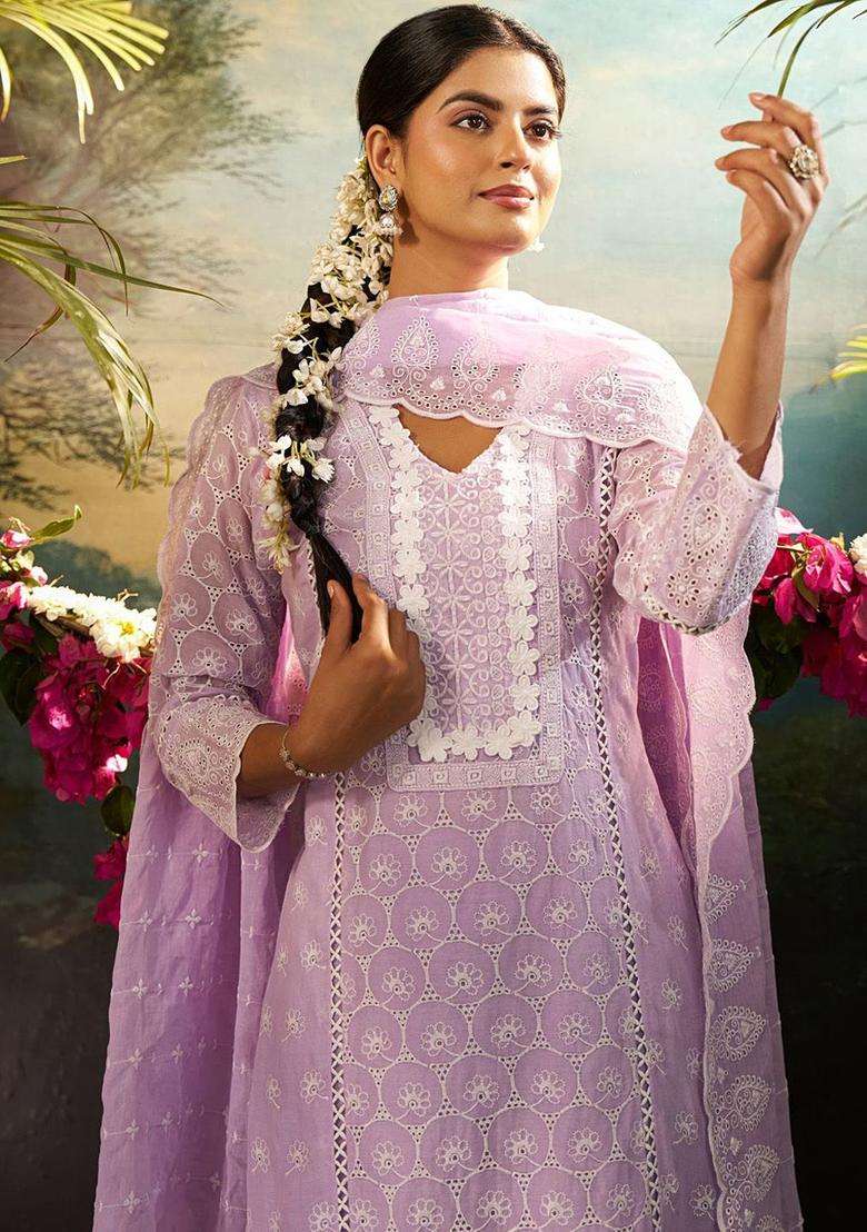 Lavender Embroidered Cotton Kurta Set - Indya