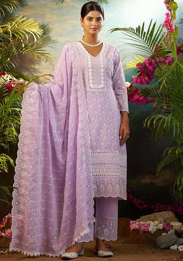 Lavender Embroidered Cotton Kurta Set - Indya