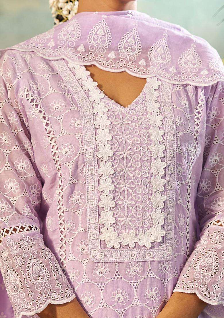 Lavender Embroidered Cotton Kurta Set - Indya