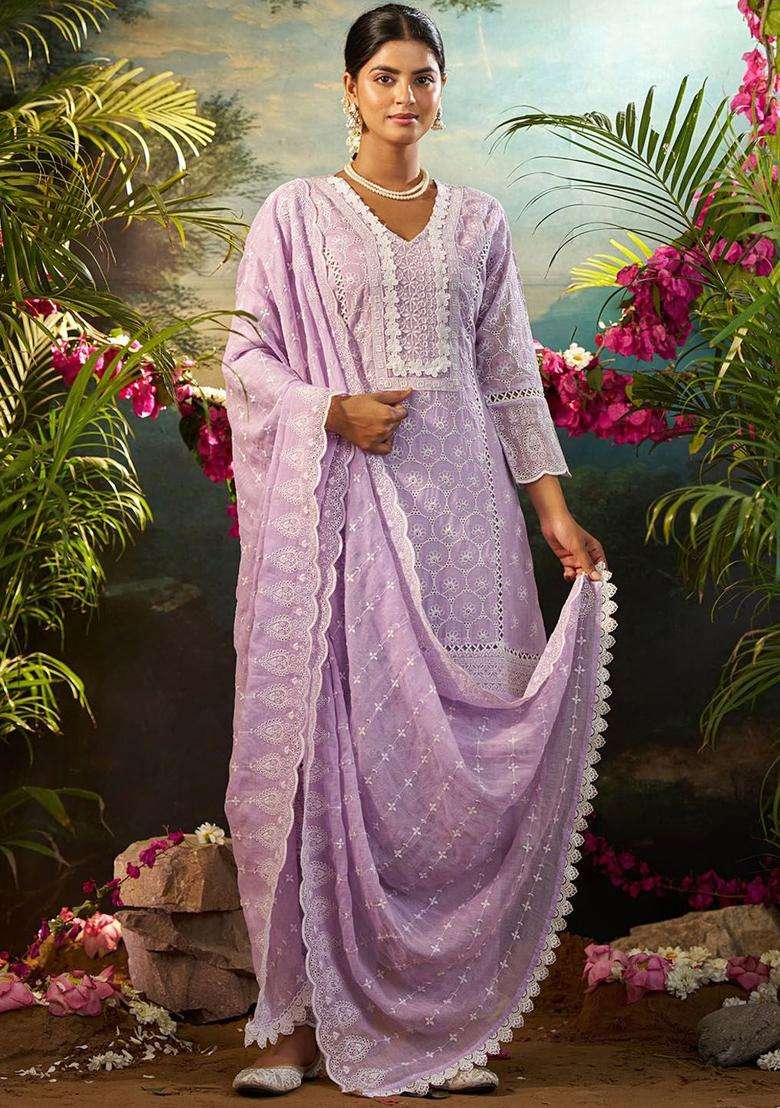 Lavender Embroidered Cotton Kurta Set - Indya