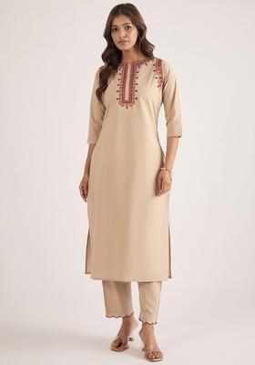 Beige Embroidered Cotton Kurta Set