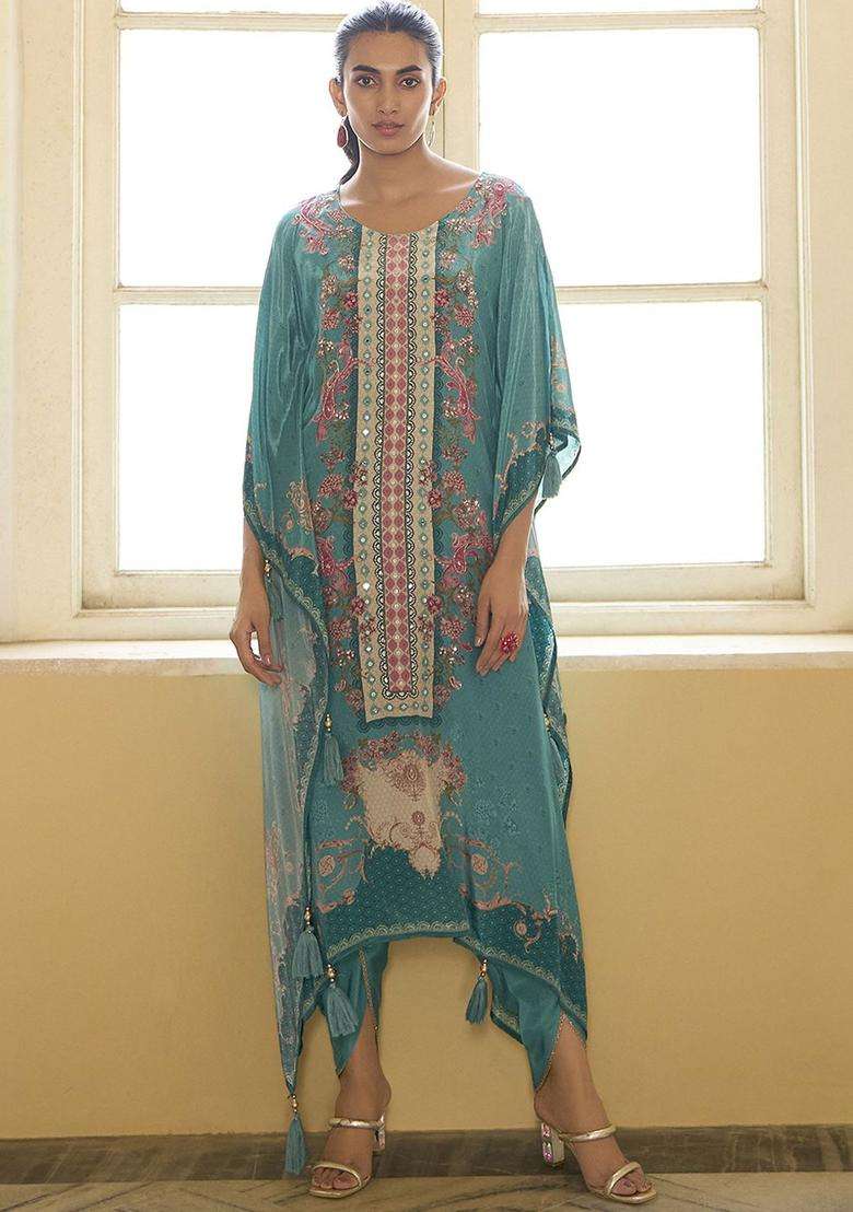 Turquoise Blue Printed Silk Blend Kurta Set - Indya